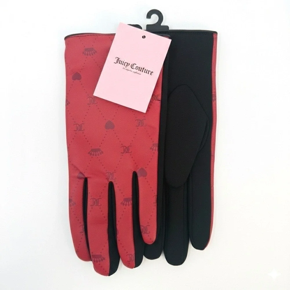 Juicy Couture Red Crown Heart Gloves Womens One Size Polyurethane Blend NEW